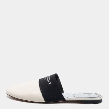 Pre Owned Givenchy Black/White Leather and Fabric Bedford Flat Mules Size 41