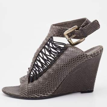 Pre Owned Givenchy Grey Python Embossed Leather Wedge Ankle Strap Sandals Size 37.5