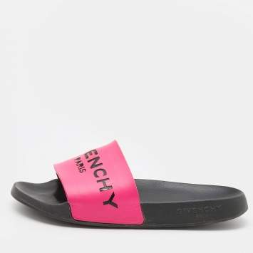 Pre Owned Givenchy Pink/Black Leather and Rubber Logo Flat Slides Size 38