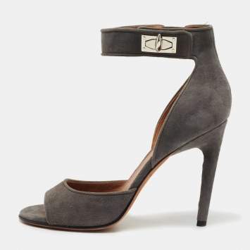 Pre Owned Givenchy Grey Suede Shark Tooth Lock Ankle Strap Sandals Size 37.5
