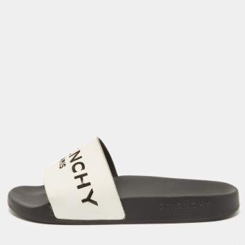 Pre Owned Givenchy White/Black Leather Laser Cut Logo Slides Size 36