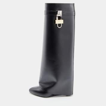 Pre Owned Givenchy Black Leather Shark Lock Knee Length Boots Size 38