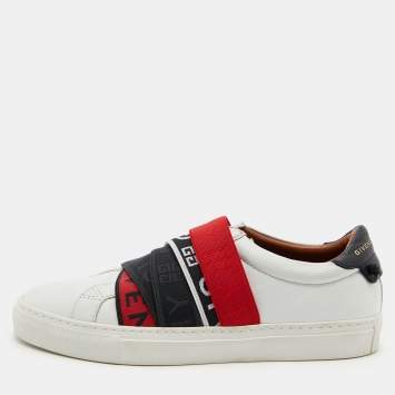 Pre Owned Givenchy White/Red Leather And Logo Stretch Band Urban Street Slip On Sneakers Size 37.5