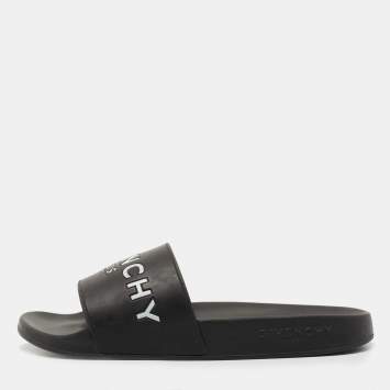 Pre Owned Givenchy Black Rubber Logo Slide Flats Size 38