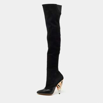 Pre Owned Givenchy Black Suede and Leather Knee Length Boots  Size 38