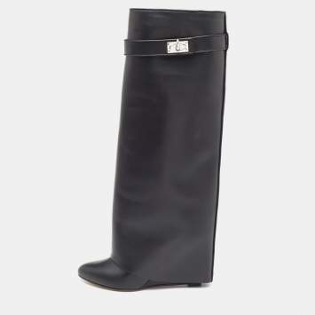 Pre Owned Givenchy Black Leather Shark Lock Knee Length Boots Size 39