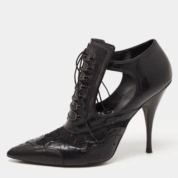 Pre Owned Givenchy Black Leather And Lace Pointed Toe Ankle Boots Size 40