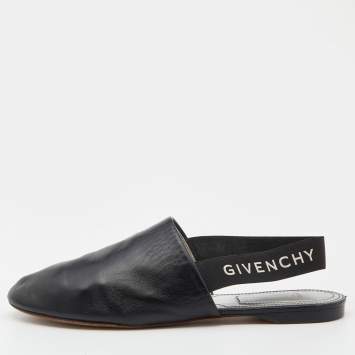 Pre Owned Givenchy Black Leather Rivington Logo Slingback Flat Mules Size 38