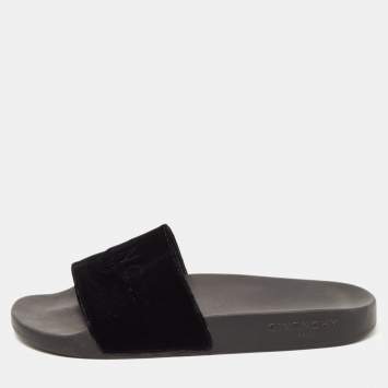 Pre Owned Givenchy Black Velvet Logo Slides Size 40
