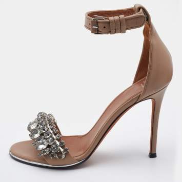 Pre Owned Givenchy Beige Leather Crystal Embellished Ankle Strap Sandals Size 38.5