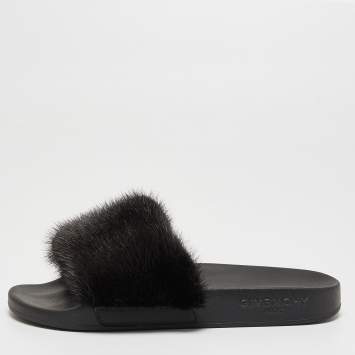 Pre Owned Givenchy Black Mink Fur Pool Slide Flats Size 36
