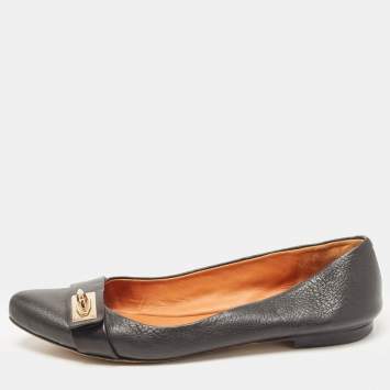 Pre Owned Givenchy Black Leather Shark Tooth Buckle Ballet Flats Size 39.5