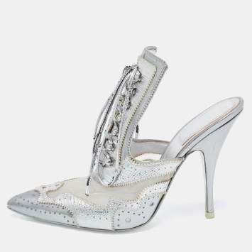 Pre Owned Givenchy Silver Lizard Embossed Leather and Mesh Pointed Toe Mules Size 38