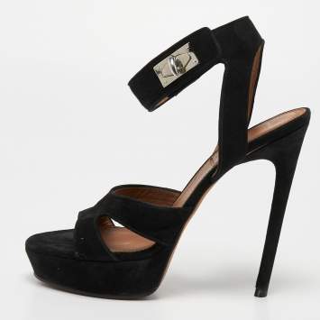 Pre Owned Givenchy Black Suede Shark Lock Ankle Strap Sandals Size 39