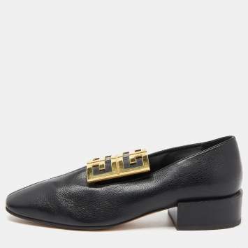 Pre Owned Givenchy Black Leather 4G Logo Buckle Loafers Size 37.5