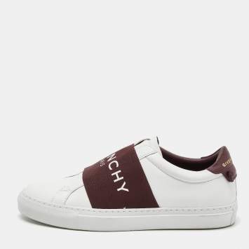 Pre Owned Givenchy White/Burgundy Leather and Logo Stretch Band Urban Street Slip On Sneakers Size 38