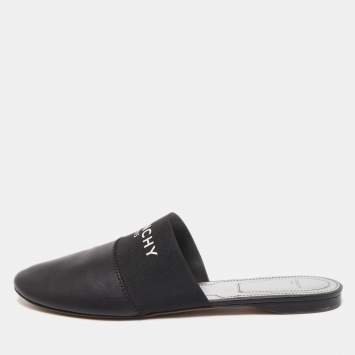Pre Owned Givenchy Black Leather Logo Mules Size 40