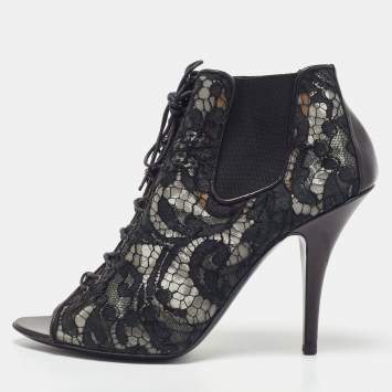 Pre Owned Givenchy Black Lace Open Toe Lace Up Ankle Booties Size 39.5