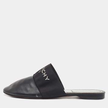 Pre Owned Givenchy Black Leather and Elastic Bedford Logo Mules Size 37.5