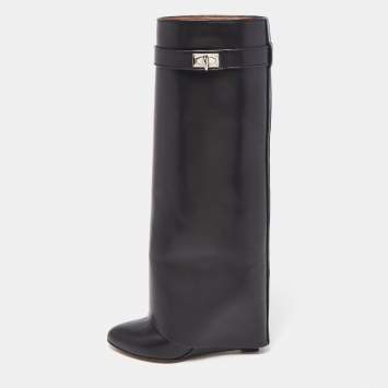 مملوكة مسبقًا Givenchy Black Leather Shark Lock Knee Length Boots Size 37