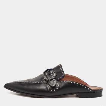 Pre Owned Givenchy Black Studded Leather Buckle Logo Detail Flat Mules Size 38.5