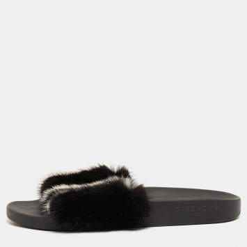 Pre Owned Givenchy Black/White Mink Fur Flat Slides Size 39