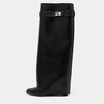 Pre Owned Givenchy Black Leather Shark Lock Knee High Boots Size 37
