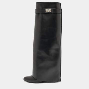 Pre Owned Givenchy Black Leather Shark Lock Knee Length Boots Size 36.5