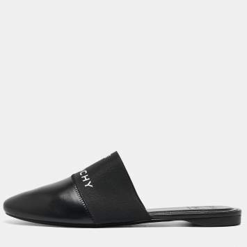 Pre Owned Givenchy Black Leather And Elastic Logo Flat Mules Size 41.5
