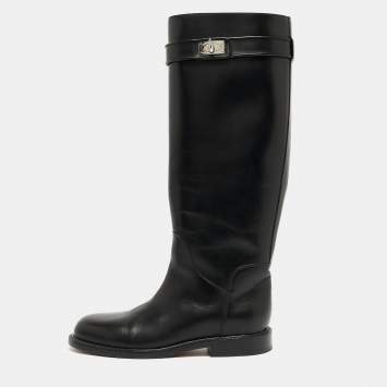 Pre Owned Givenchy Black Leather Shark Lock Knee Length Boots Size 38