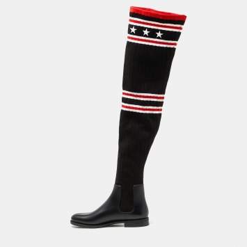 Pre Owned Givenchy Black Knit Fabric and Rubber Over The Knee Boots Size 41