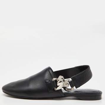 Pre Owned Givenchy Black Leather G-Chain Slingback Flat Mules Size 35