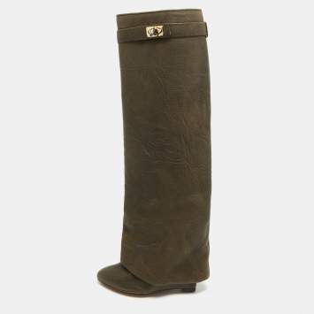 Pre Owned Givenchy Green Nubuck Leather Shark Lock Boots Size 35