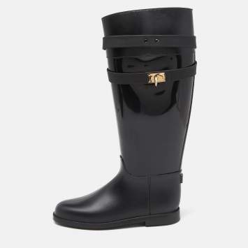 Pre Owned Givenchy Black Rubber Shark Lock Flat Knee Boots Size 39