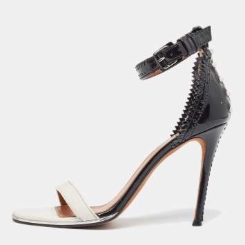 Pre Owned Givenchy White/Black Leather and Patent Ankle Strap Sandals Size 39.5