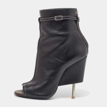 Pre Owned Givenchy Black Leather Screw Heel Peep Toe Boots  Size 39