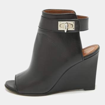 Pre Owned Givenchy Black Leather Shark Lock Open Toe Wedge Sandals Size 36