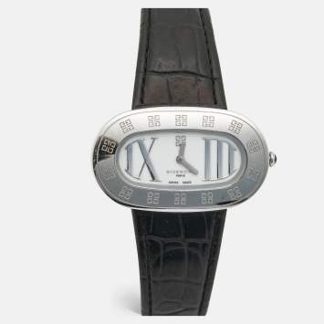 Pre Owned Givenchy White Stainless Steel Leather Giralda Reg.1650471 Women's Wristwatch 44 mm