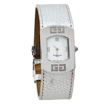 Pre Owned Givenchy White Stainless Steel Silver Leather Expression 2 92438731 Quartz Women's Wristwatch 29 MM