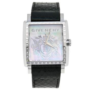 Pre Owned Givenchy Mother of Pearl Stainless Steel Leather Diamonds GV.5214M Women's Wristwatch 38 mm