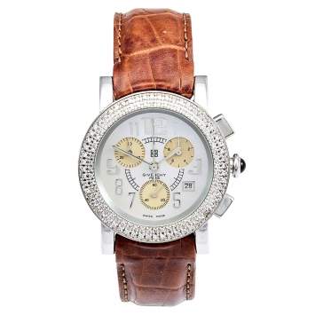 Pre Owned Givenchy Mother of Pearl Stainless Steel Leather Diamond Saqqhara Chrono REG.97678884 Women's Wristwatch 36 mm