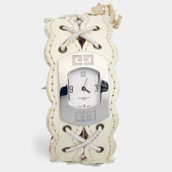 Pre Owned Givenchy White Stainless Steel Leather Expression 2 92438731 Women's Wristwatch 22 mm 
