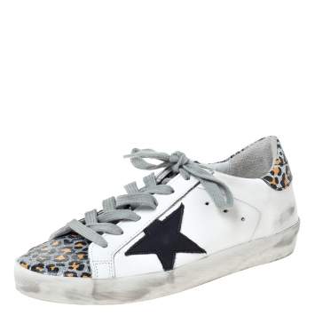 Pre Owned Golden Goose Deluxe Brand White Leather And Leopard Print Leather Superstar Sneakers Size 35