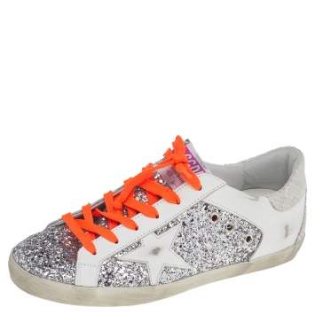 Pre Owned Golden Goose White Leather And Glitter Superstar Double Quarter Sneakers Size 40