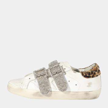 مملوكة مسبقًا Golden Goose White/Silver Crystal Buckle Leopard Print trim Superstar Sneaker EU 38