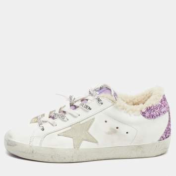 Pre Owned Golden Goose White/Purple Leather and Glitter Super Star Sneakers Size 38