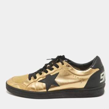 Pre Owned Golden Goose Gold/Black Leather and Mesh Records Sneakers Size 41