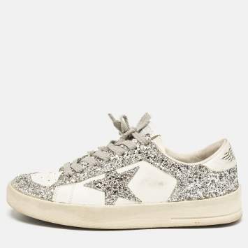 Pre Owned Golden Goose White/Silver Glitter and Leather Stardan  Sneakers Size 39