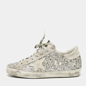 مملوكة مسبقًا Golden Goose Grey/Silver Glitter and Suede Super Star Lace Up Sneakers Size 36