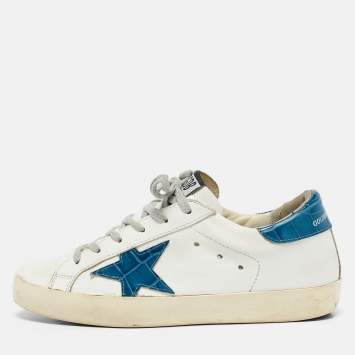 Pre Owned Golden Goose White Crocodile Leather and Leather Superstar Lace Up Sneakers Size 37